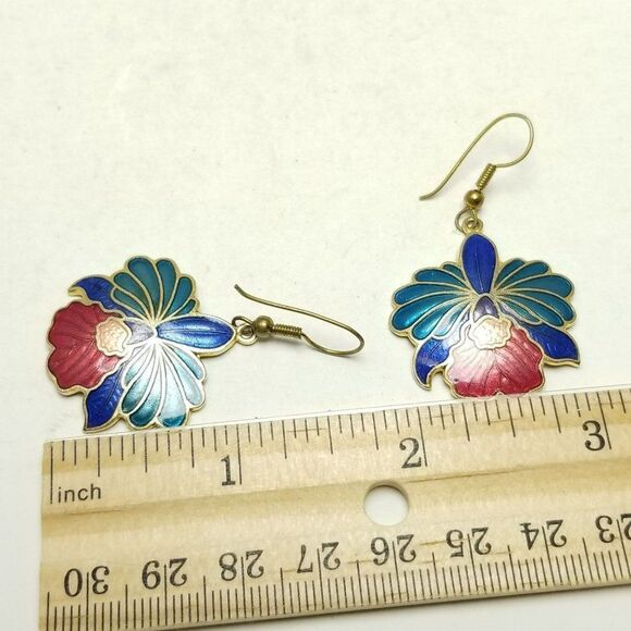Vintage Colorful Enamel Floral Dangle Earrings, Tropical Flowers, Blue Red - Picture 4 of 6